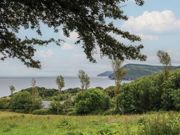 A coastal landscape with a view of the sea, rolling hills, and scattered trees. - The Beach House (Ilfracombe)
