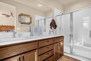 Chuveiro, secador de cabelo, toalhas de banho, sabonete