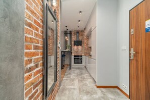 Fridge, oven, high chair, cookware/dishes/utensils
