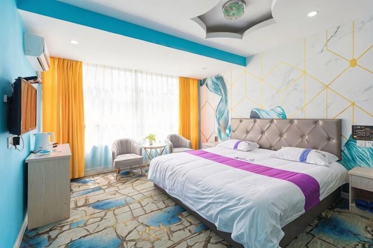 Desk, blackout curtains, bed sheets