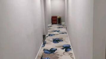 A narrow hallway with a patterned carpet and a red object in the distance.