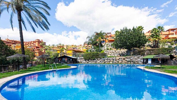 A large, clear blue swimming pool surrounded by stone tiles, with palm trees and a view of colorful buildings in the background.