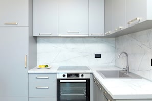 Cozinha moderna com armários cinza, forno embutido e pia.