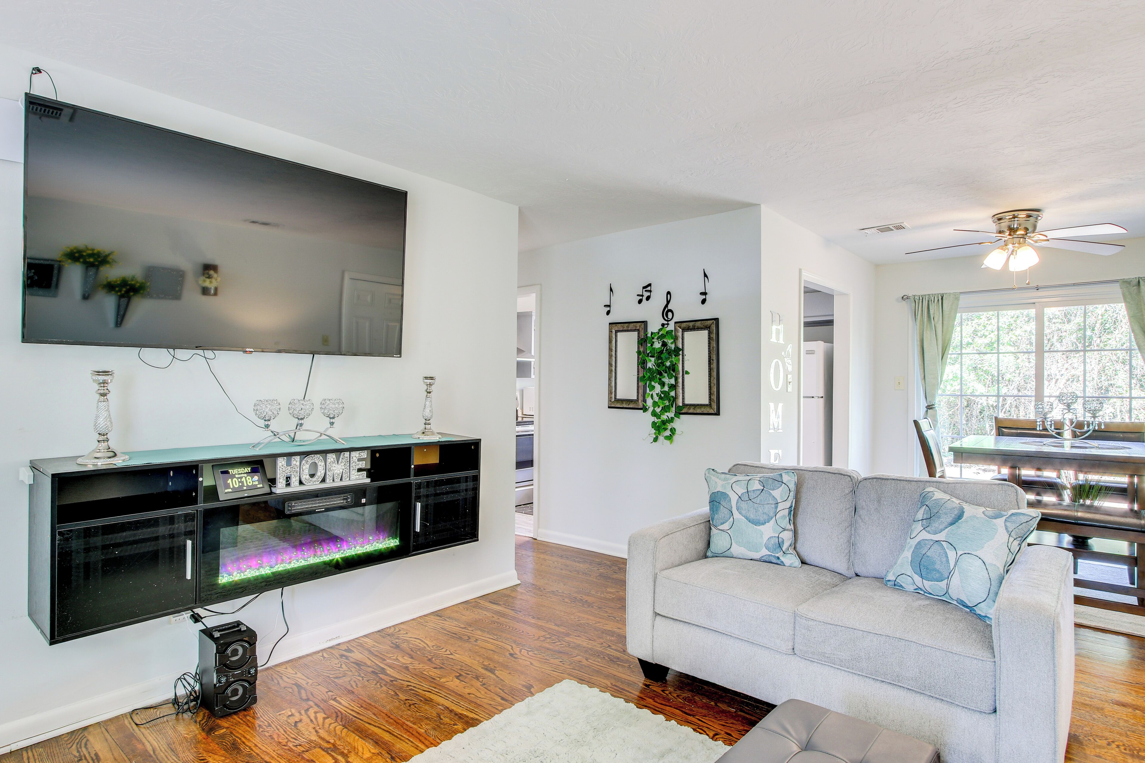TV, fireplace, books