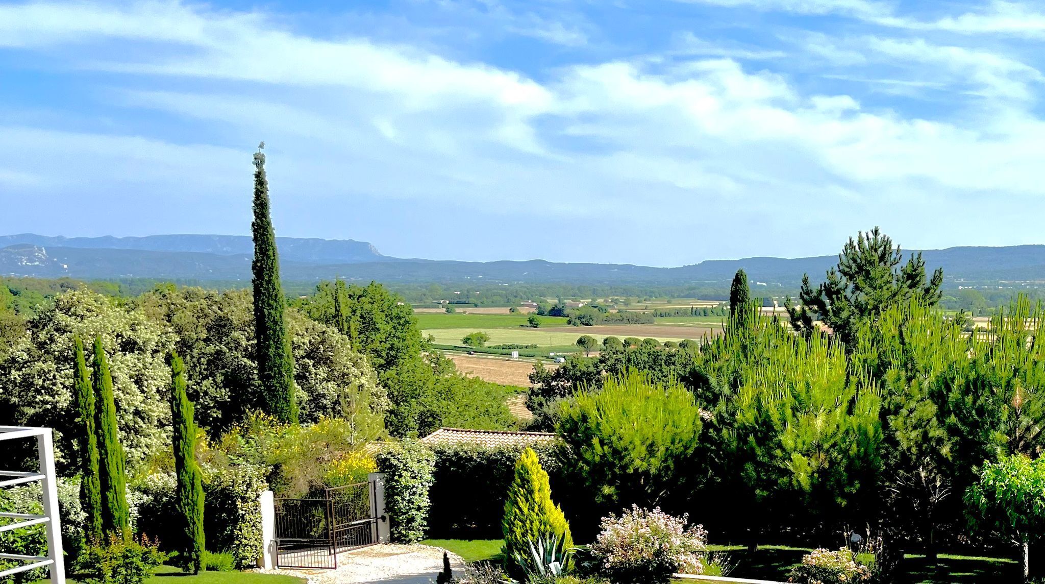 Paisatge amb cel clar, serralades llunyanes i diversitat d'arbres.