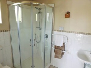 Shower, hair dryer, shampoo