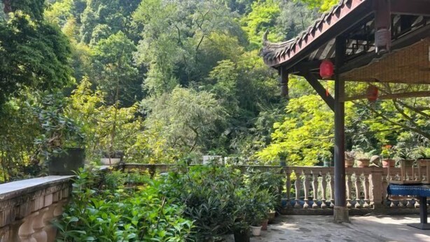 A courtyard with potted plants, a wooden pergola, and a stone balustrade. - Xiushan Hotel (Emeishan City)