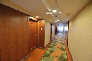 A hotel corridor with wooden doors, a patterned carpet, and recessed lighting.