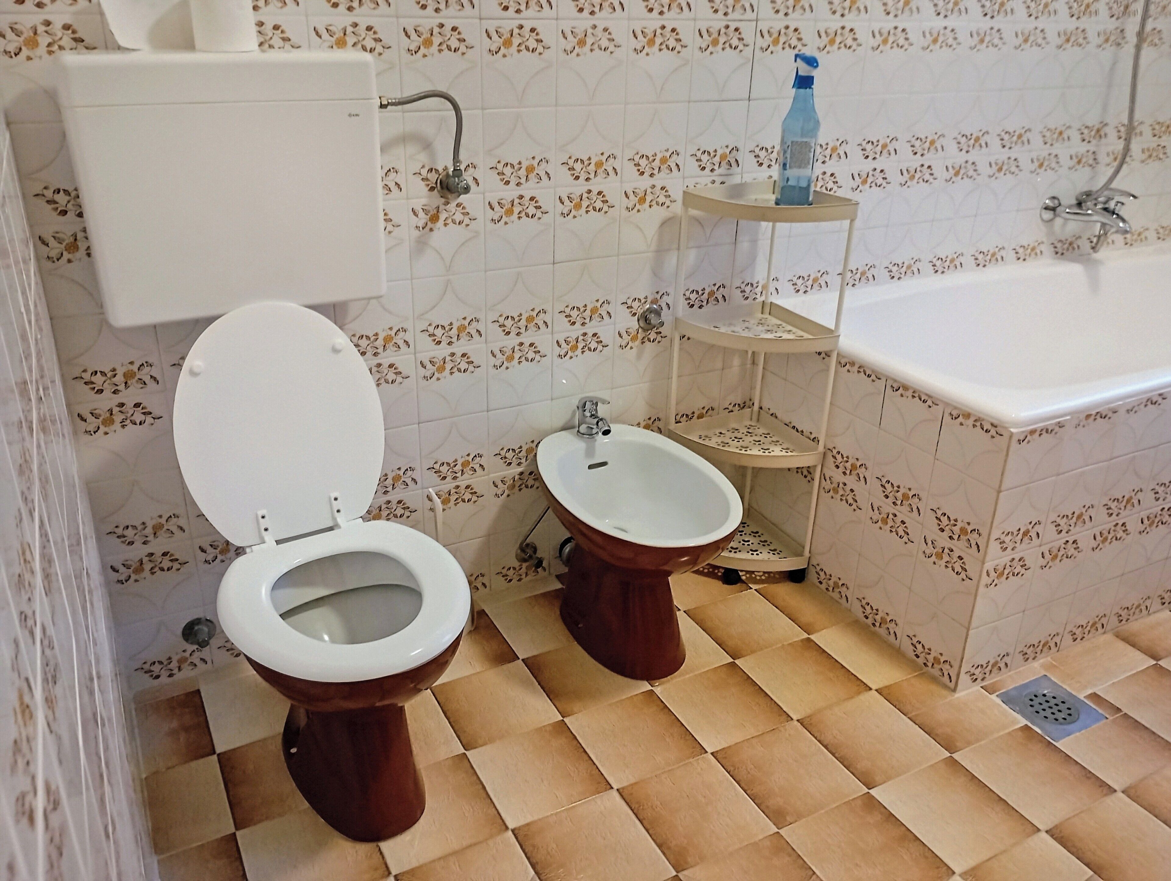A bathroom with two toilets, a sink, a shelf with toiletries, and a bathtub.