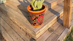 A wooden deck with a potted cactus, outdoor chairs, and a sliding glass door leading to a covered patio area.