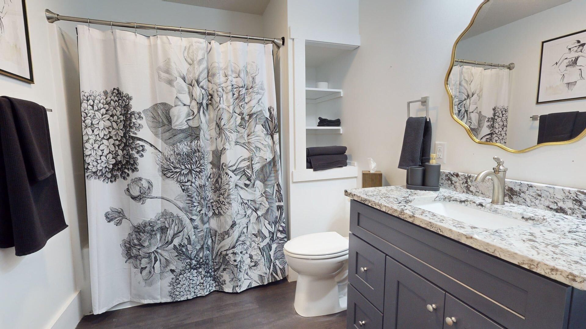 Hair dryer, towels, soap, toilet paper