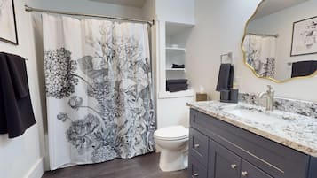 Hair dryer, towels, soap, toilet paper