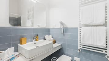 Shower, hair dryer, bidet, towels