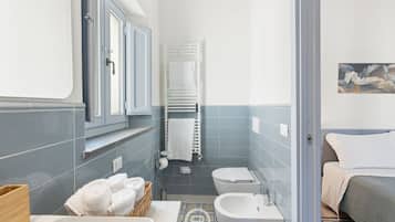 Shower, hair dryer, bidet, towels