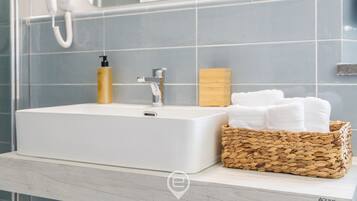 Shower, hair dryer, bidet, towels