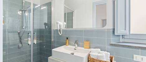 Shower, hair dryer, bidet, towels