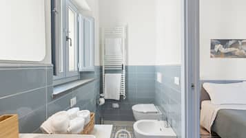 Shower, hair dryer, bidet, towels