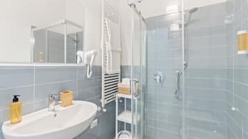 Shower, hair dryer, bidet, towels