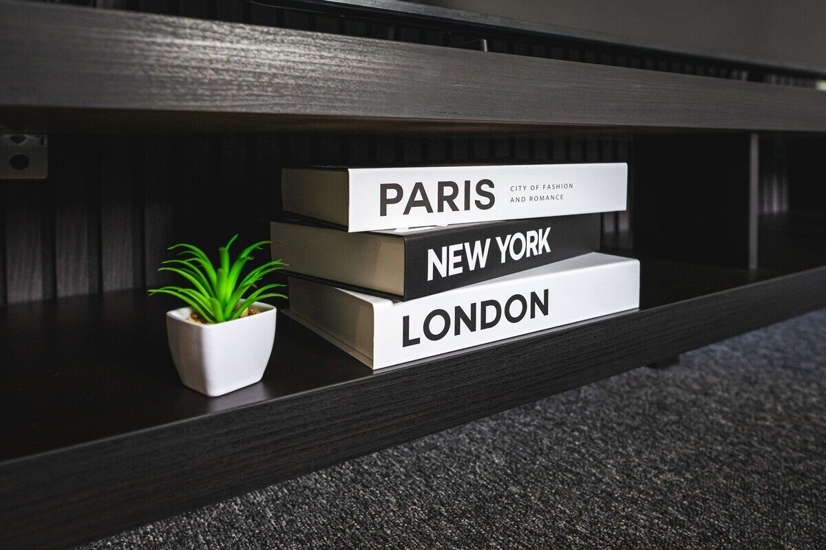 A shelf with three books titled 'PARIS,' 'NEW YORK,' and 'LONDON,' and a small potted plant.