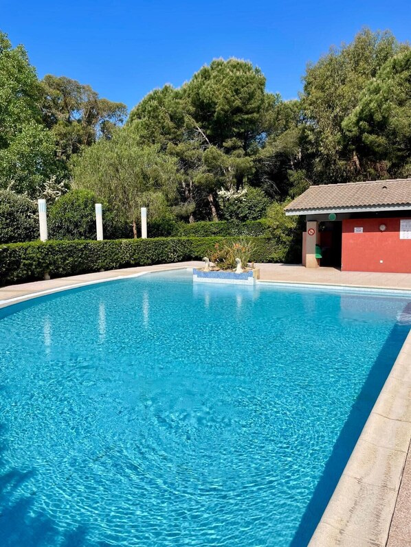 A clear blue pool surrounded by lush greenery and a red building with a tiled roof.