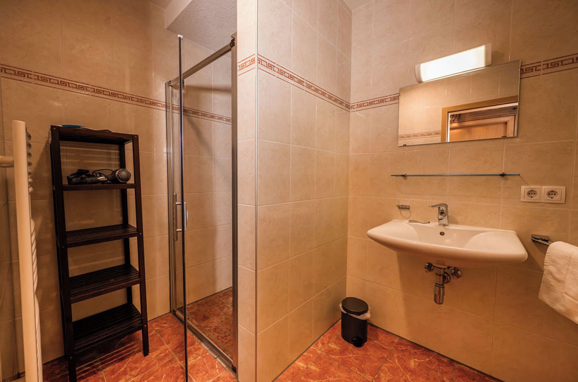 Shower, hair dryer, towels, toilet paper