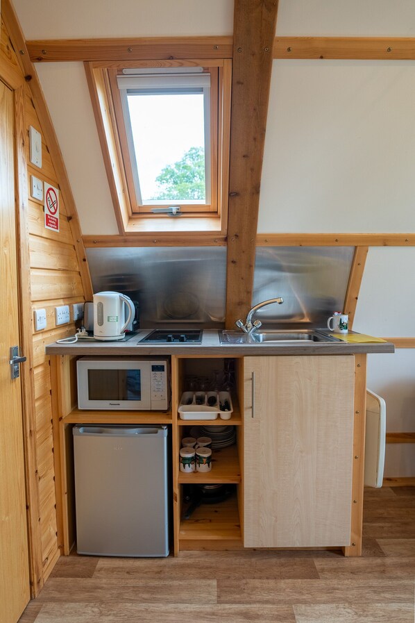 Fridge, microwave, stovetop, coffee/tea maker