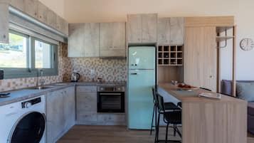 Full-size fridge, oven, cookware/dishes/utensils