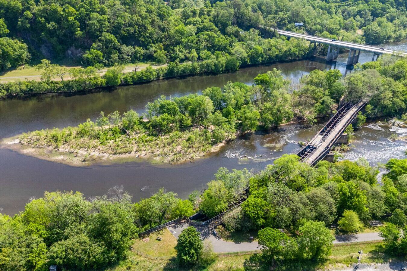 A river with a bridge and surrounding greenery.