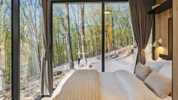 Une chambre moderne avec un grand lit, une vue sur une forêt et une fenêtre avec des rideaux.