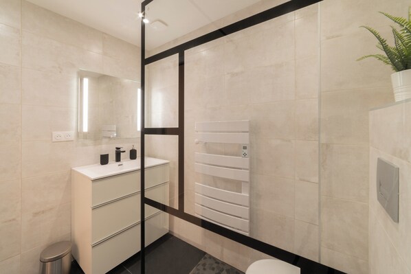 Shower, hair dryer, toilet paper