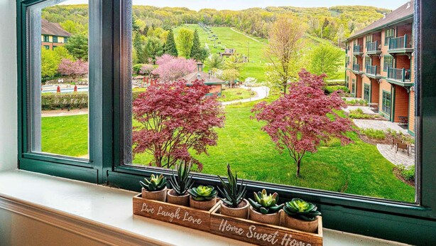 A window with a view of a green landscape, a wooden planter with succulents, and a sign that reads "Live Laugh Love Home Sweet Home". - Condo at Mtn Creek  sleep 4 Mountain view 1 Bdr 1 Bath #234 (Vernon Township)