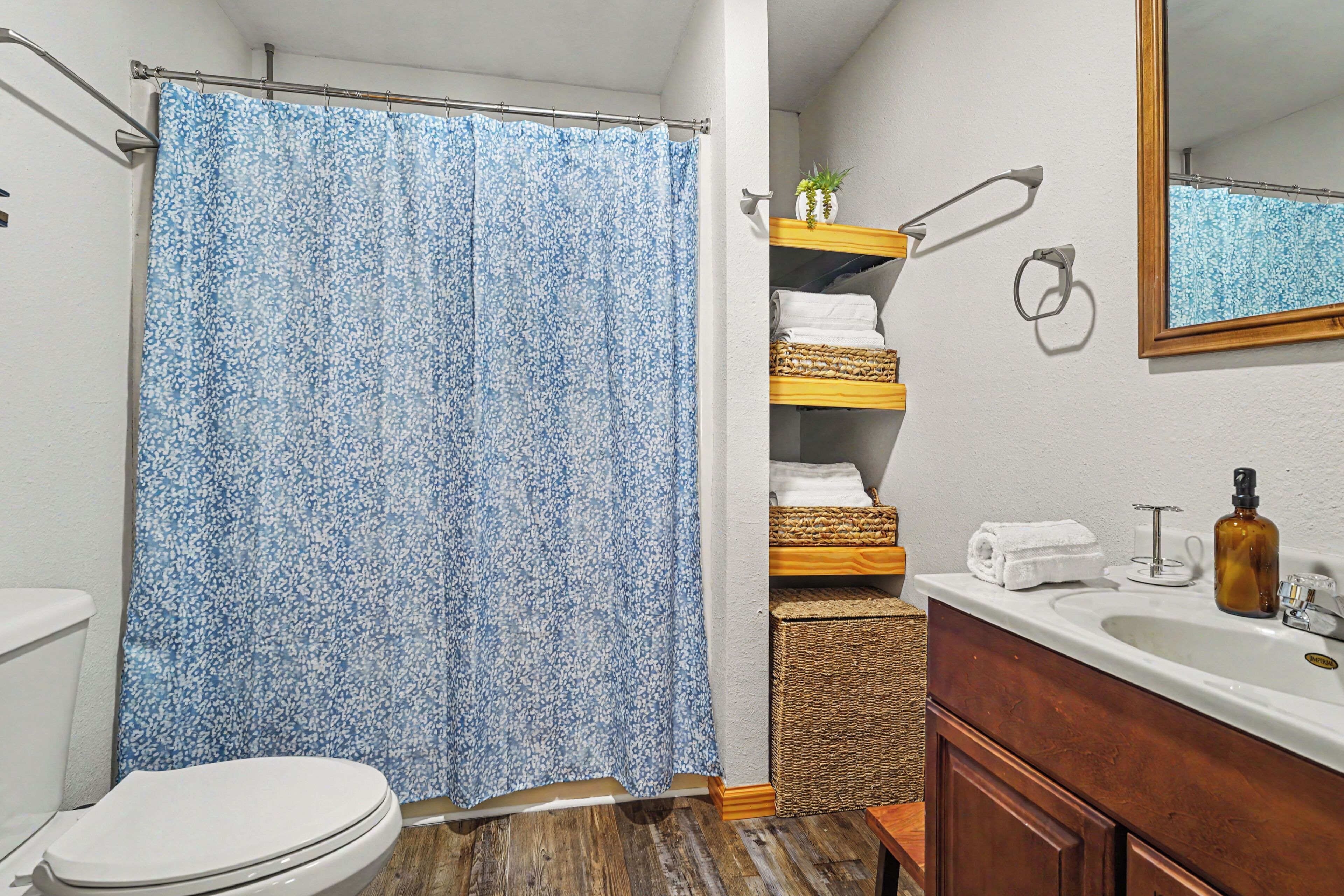 Hair dryer, towels, soap, shampoo