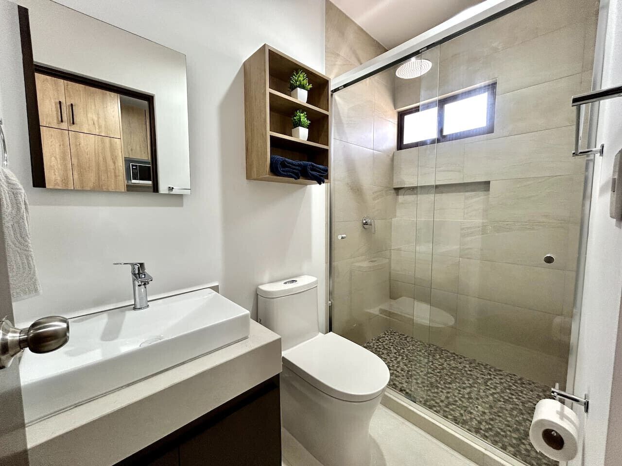 A modern bathroom with a glass shower enclosure, a sink with a mirror above, and a toilet.