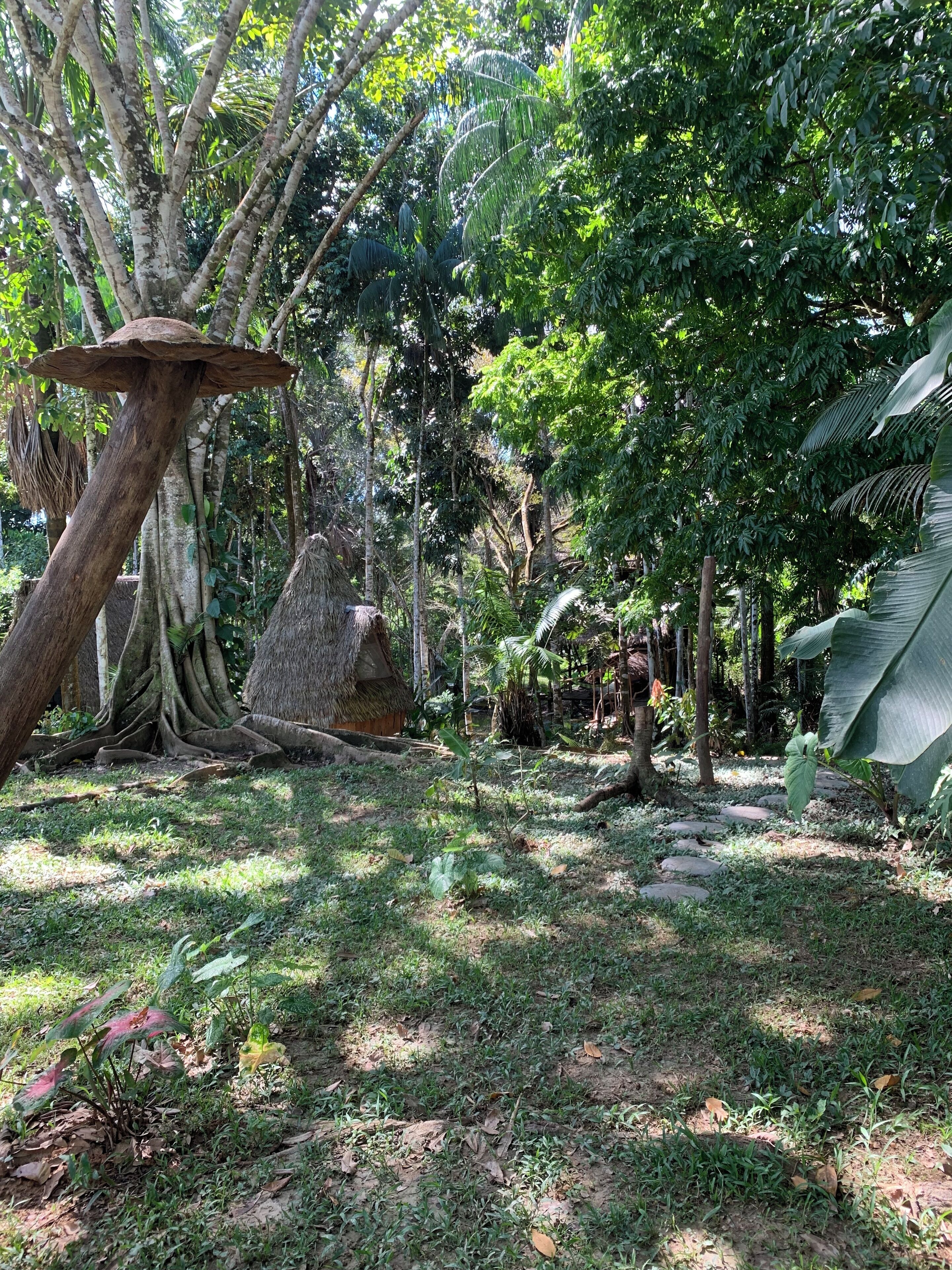 A lush garden with a variety of trees, a large mushroom, and a thatched structure.