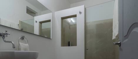 A bathroom with a white sink, a toilet, a glass-enclosed shower, and a mirror above the sink.