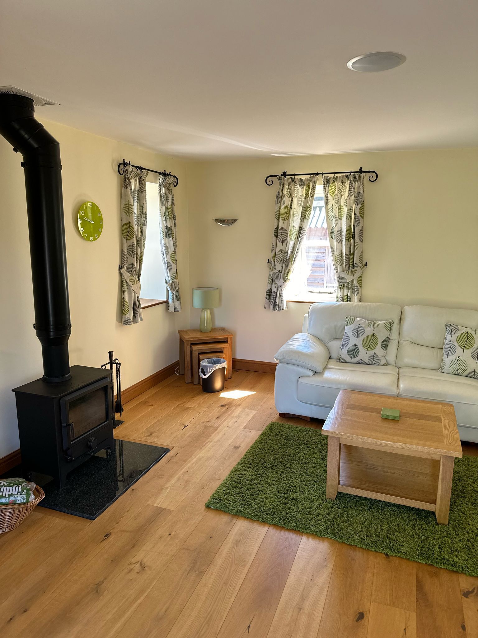 A living room with a black wood stove, a white sofa, a green rug, and a wooden coffee table.