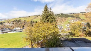 A residential area with houses, a prominent evergreen tree, and a view of the surrounding hills.