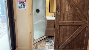 Ein Badezimmer mit Duschabtrennung aus Glas, Holzboden, Waschbecken und Spiegel.