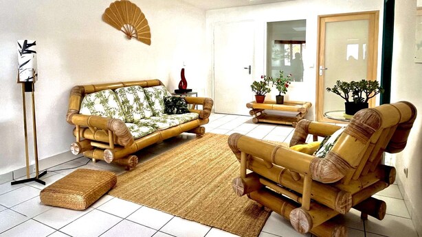 A living room with a sofa, a chair, a floor lamp, and two potted plants.