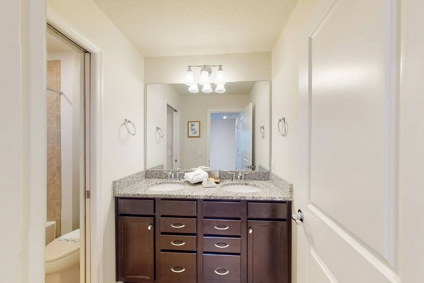 A bathroom with a granite countertop sink, dark wooden cabinets, a large mirror, and a towel rack.
