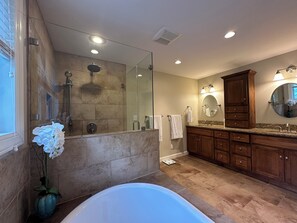 Shower, hair dryer, bidet, towels