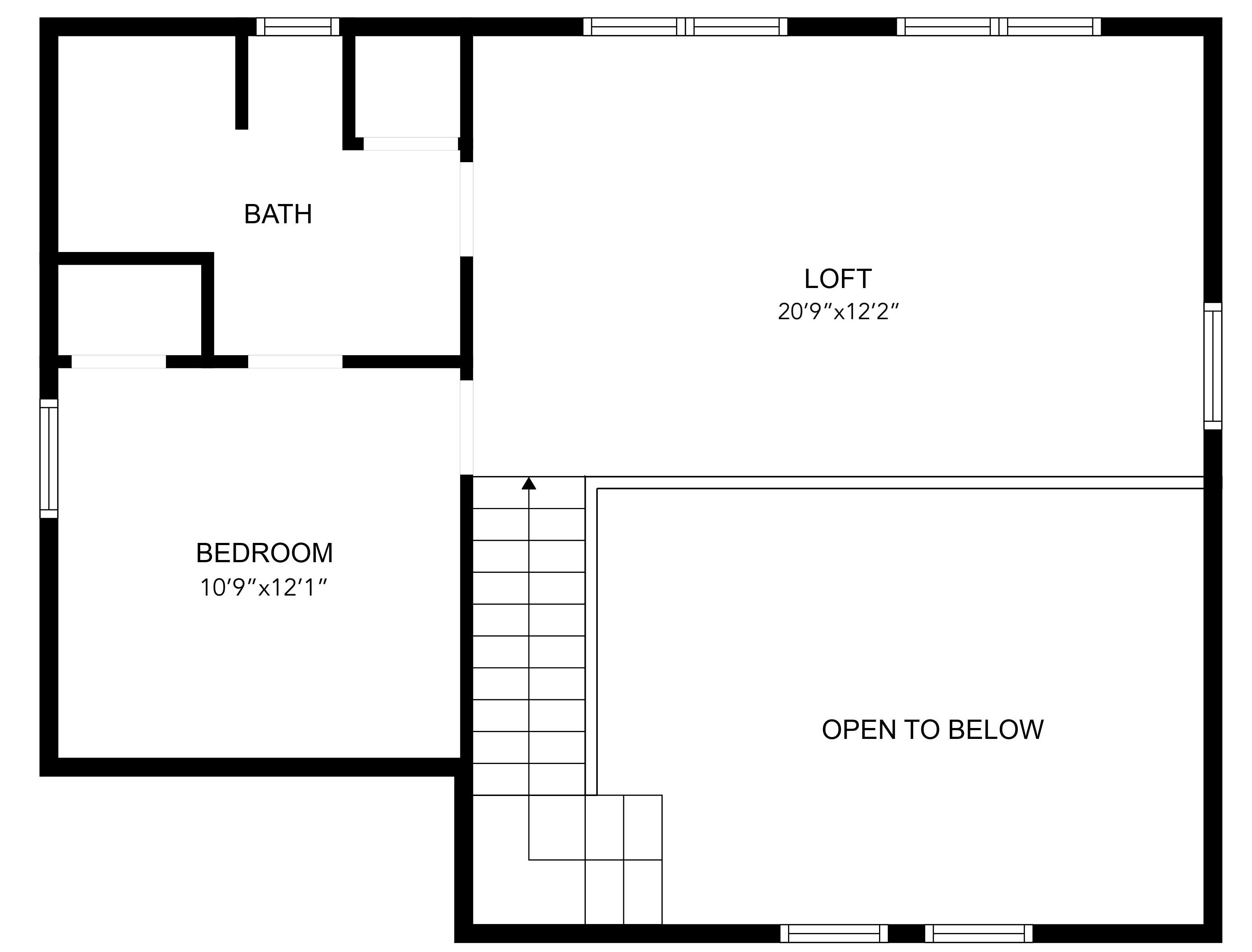 A floor plan with a bedroom measuring 10'9"x12'1", a loft at 20'9"x12'2", and an open area leading to an underground space.