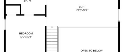 A floor plan with a bedroom measuring 10'9"x12'1", a loft at 20'9"x12'2", and an open area leading to an underground space.