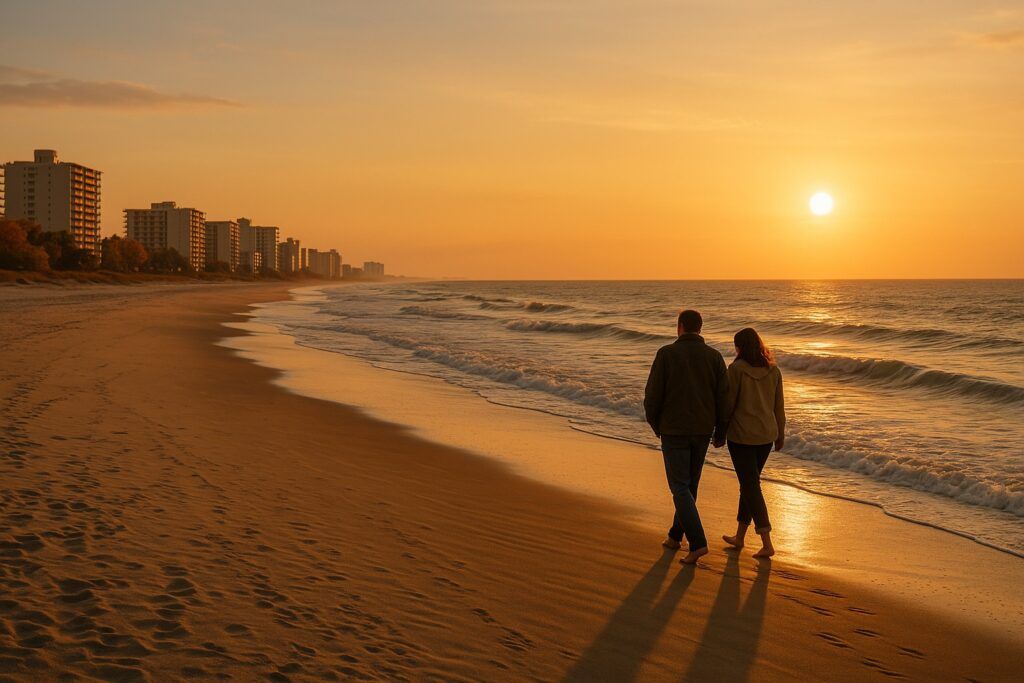 Una spiaggia al tramonto, con onde oceaniche e edifici sullo sfondo.