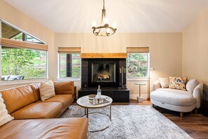 Télévision, cheminée, écrans d'ordinateur