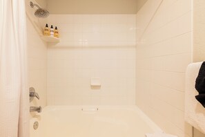 Shower, jetted tub, hair dryer, towels
