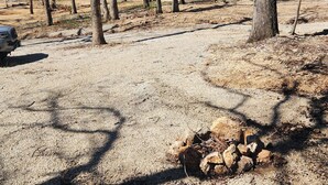 Une zone recouverte de gravier, avec des arbres et un véhicule stationné.