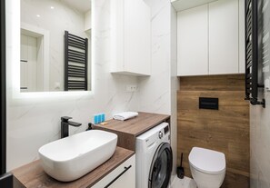 Bathroom features a vanity with a large oval sink, a toilet, and a washing machine.