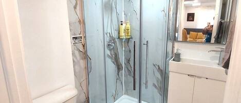 Une salle de bain avec une douche à parois de verre, des toilettes, un lavabo et un miroir.