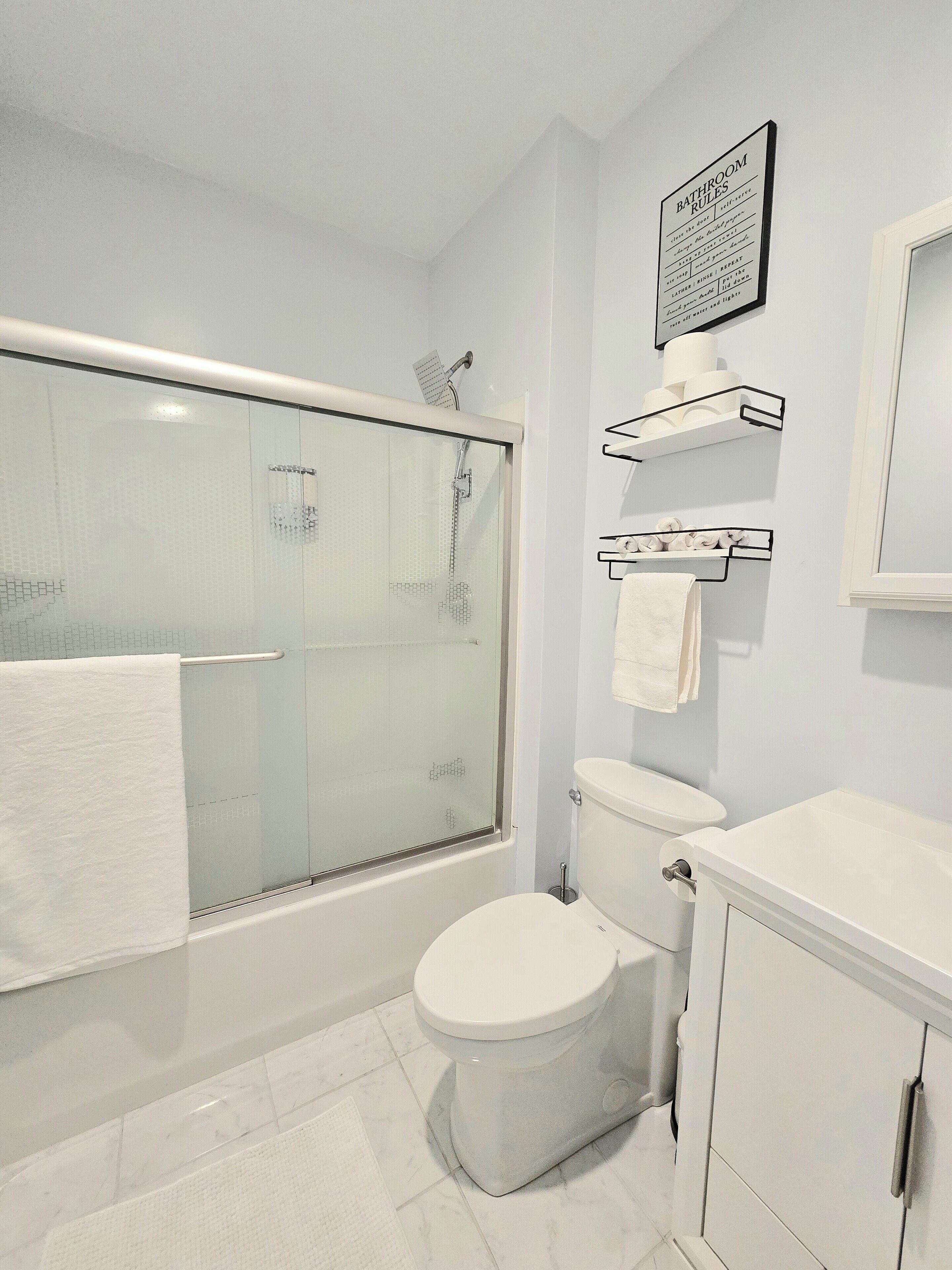 Hair dryer, towels, soap, toilet paper